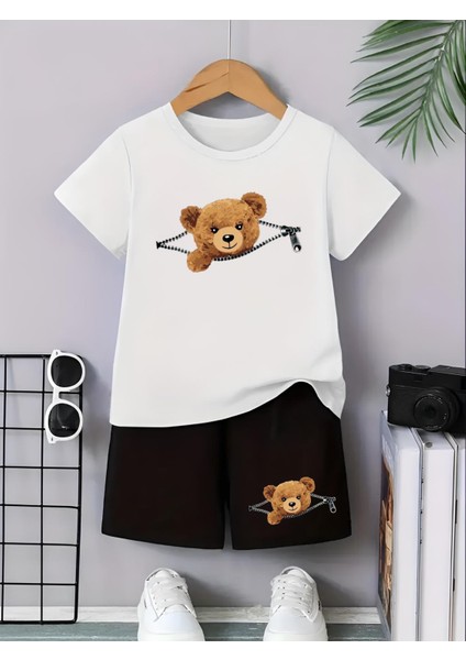 Fermuar Ayı Basklı Şort/t-Shirt Alt-Üst Yazlık Çocuk Takım