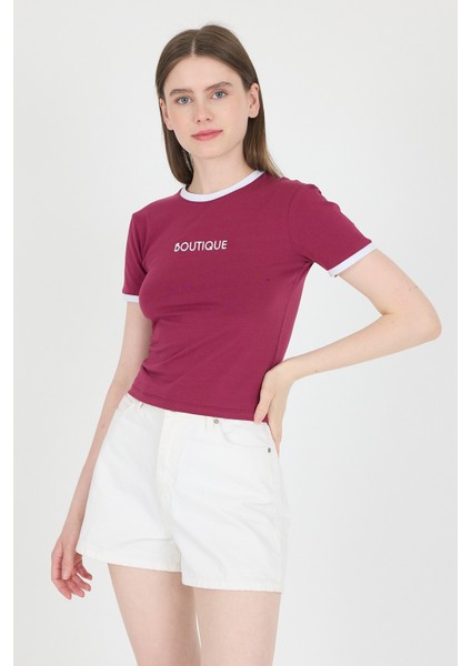 Bordo Yazı Baskılı Biyeli Pamuklu Slim Fit Tişört 9192M