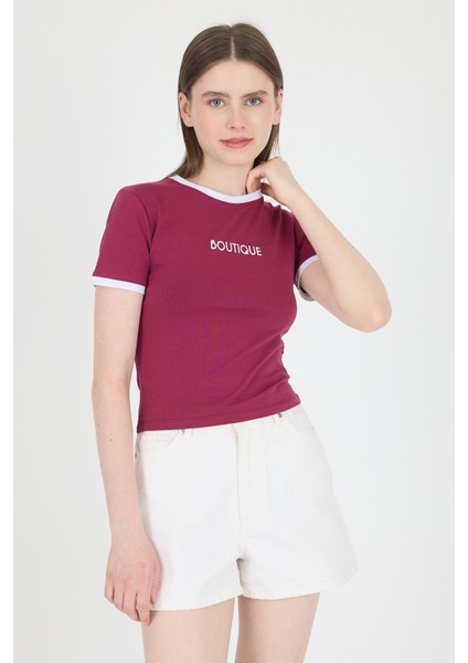 Bordo Yazı Baskılı Biyeli Pamuklu Slim Fit Tişört 9192M fiyatları
