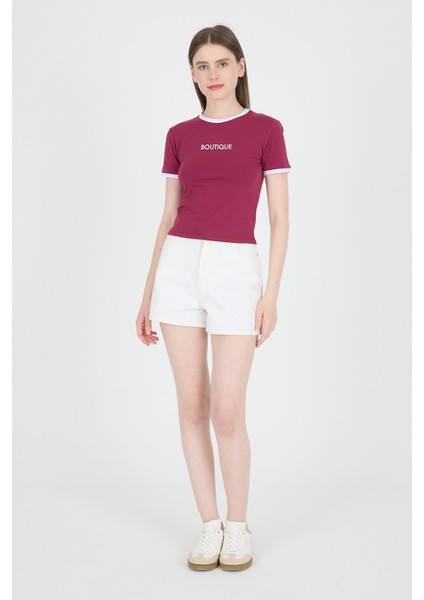 Bordo Yazı Baskılı Biyeli Pamuklu Slim Fit Tişört 9192M modelleri