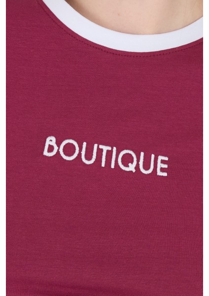 Bordo Yazı Baskılı Biyeli Pamuklu Slim Fit Tişört 9192M fırsatları