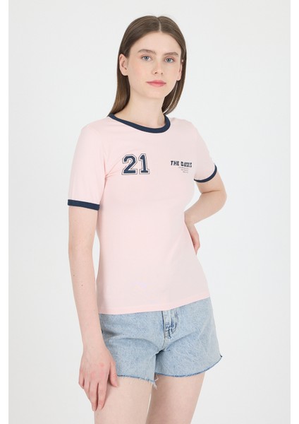 Pudra Ribanalı Yazı Baskılı Slim Fit Tişört 5981