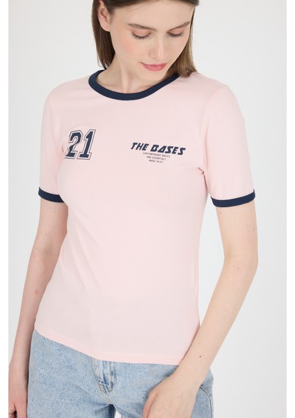 Pudra Ribanalı Yazı Baskılı Slim Fit Tişört 5981 fiyatları