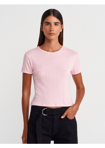 31795 Fiyonk Detaylı Kısa Kollu Kontrast T-Shirt-Toz Pembe
