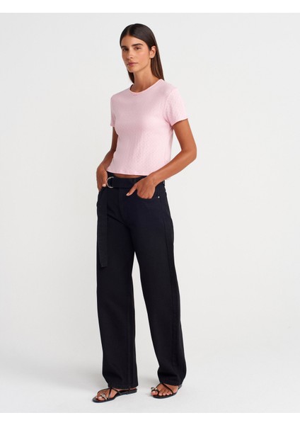 31795 Fiyonk Detaylı Kısa Kollu Kontrast T-Shirt-Toz Pembe fırsatları