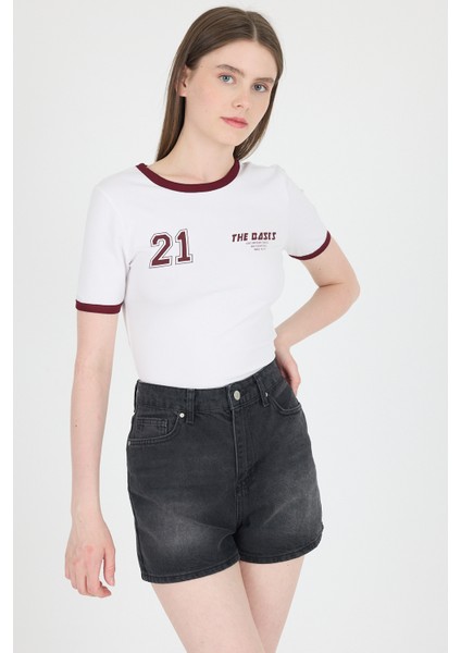 Beyaz Ribanalı Yazı Baskılı Slim Fit Tişört 5981