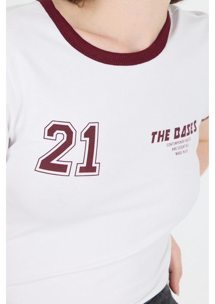 Beyaz Ribanalı Yazı Baskılı Slim Fit Tişört 5981 fırsatları