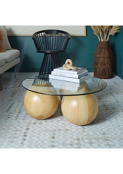 Modern Orta Sehpa & Top Sehpa Cam Sehpa & Küre Orta Sehpa - Meşe Top - Yuvarlak - Şeffaf Cam