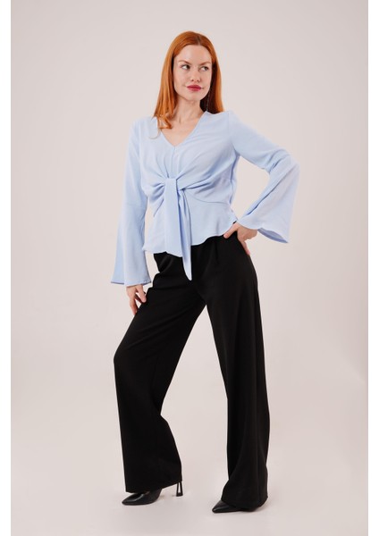 Ön Bağlamalı Volan Kol Bebe Mavisi Bluz fiyatları