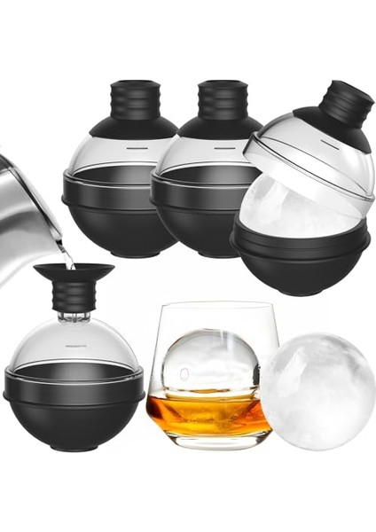 Büyük Silikon Için Buz Küpü Tepsisi - 4'lü Set, 2'li Huni Kapak ile - Kokteyller Bourbon Için 6 cm Yuvarlak Buz Küpü Kalıpları - Kolay Çıkarma - Mükemmel Yuvarlak (Yurt Dışından)