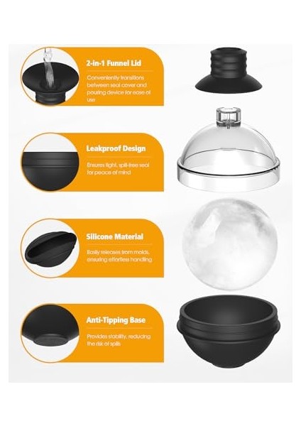 Büyük Silikon Için Buz Küpü Tepsisi - 4'lü Set, 2'li Huni Kapak ile - Kokteyller Bourbon Için 6 cm Yuvarlak Buz Küpü Kalıpları - Kolay Çıkarma - Mükemmel Yuvarlak (Yurt Dışından) modelleri