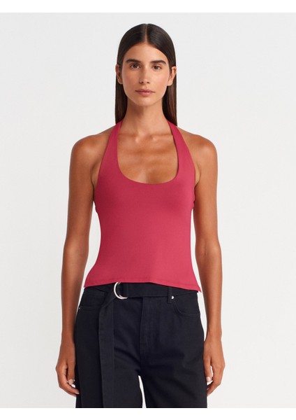 31753 Halter Yaka Top-Koyu Fuşya
