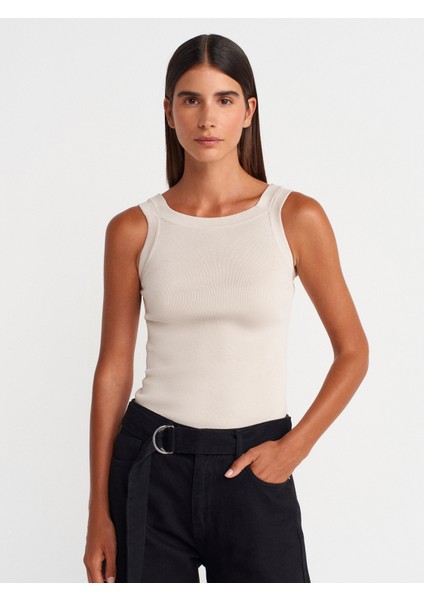 10770 Kare Yaka Askılı Triko Bluz-Taş