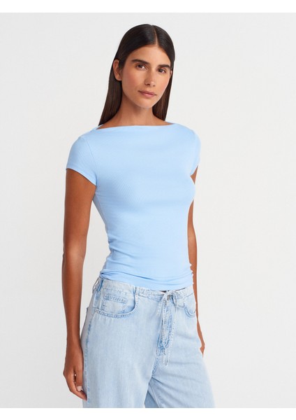 31855 Kayık Yaka T-Shirt-Mavi