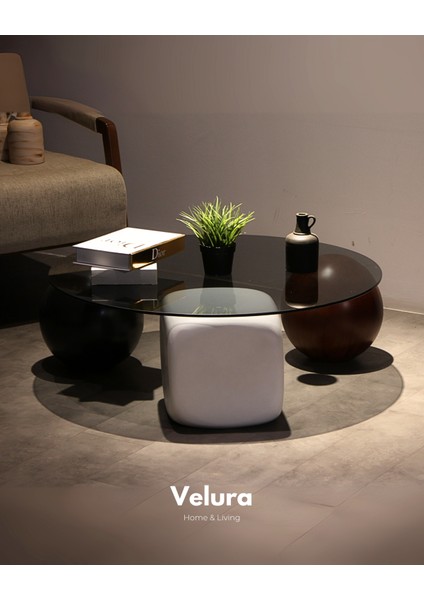 Modern Orta Sehpa & Top Sehpa Cam Sehpa & Küre Orta Sehpa - 1 Siyah Top & 1 Ceviz Top & 1 Beyaz Zar - Yuvarlak - Füme Cam