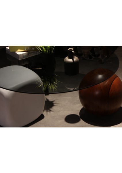 Modern Orta Sehpa & Top Sehpa Cam Sehpa & Küre Orta Sehpa - 1 Siyah Top & 1 Ceviz Top & 1 Beyaz Zar - Yuvarlak - Füme Cam fiyatları