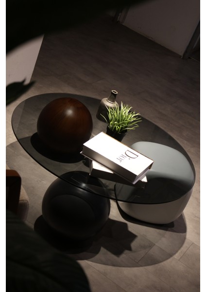 Modern Orta Sehpa & Top Sehpa Cam Sehpa & Küre Orta Sehpa - 1 Siyah Top & 1 Ceviz Top & 1 Beyaz Zar - Yuvarlak - Füme Cam modelleri