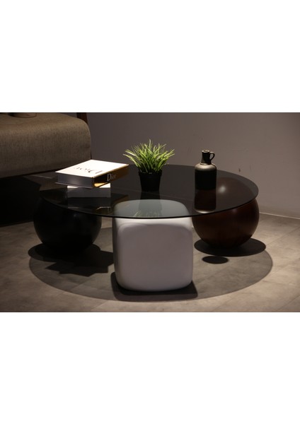 Modern Orta Sehpa & Top Sehpa Cam Sehpa & Küre Orta Sehpa - 1 Siyah Top & 1 Ceviz Top & 1 Beyaz Zar - Yuvarlak - Füme Cam indirimleri