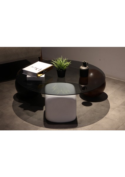 Modern Orta Sehpa & Top Sehpa Cam Sehpa & Küre Orta Sehpa - 1 Siyah Top & 1 Ceviz Top & 1 Beyaz Zar - Yuvarlak - Füme Cam