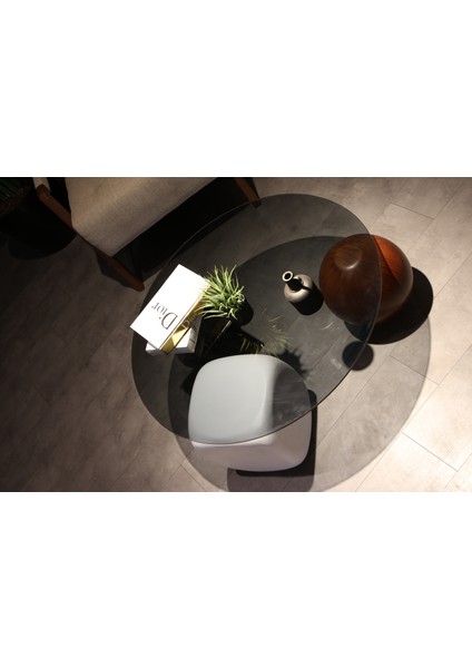 Modern Orta Sehpa & Top Sehpa Cam Sehpa & Küre Orta Sehpa - 1 Siyah Top & 1 Ceviz Top & 1 Beyaz Zar - Yuvarlak - Füme Cam