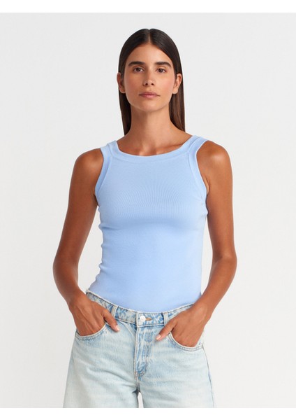 10770 Kare Yaka Askılı Triko Bluz-Mavi
