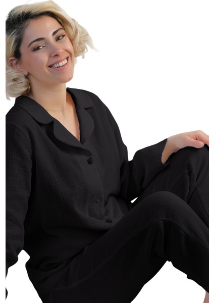 Kadın Müslin Pijama Takımı Düğmeli Yakalı Pijama fırsatları