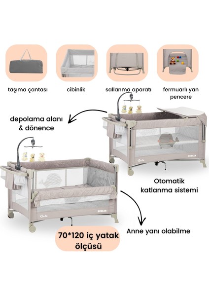 Beskar Anne Yanı Sallanır Cibinlikli Dönenceli Alt Açmalı Oyun Parkı Park Yatak Bebek Beşiği 70X120 CM