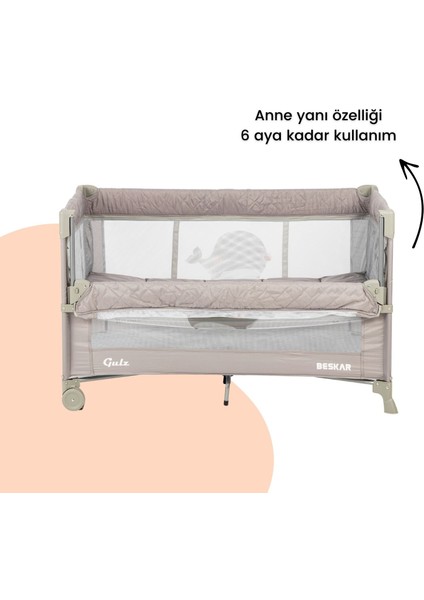Beskar Anne Yanı Sallanır Cibinlikli Dönenceli Alt Açmalı Oyun Parkı Park Yatak Bebek Beşiği 70X120 CM