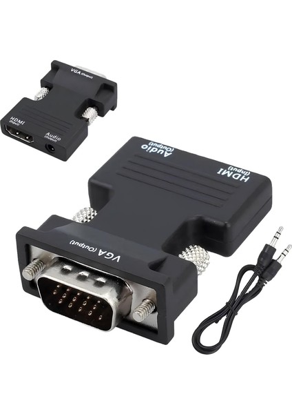 HDMI to VGA Dönüştürücü Adaptör – Ses Çıkışlı, 1080p Destekli, Kablo Hediyeli, Siyah