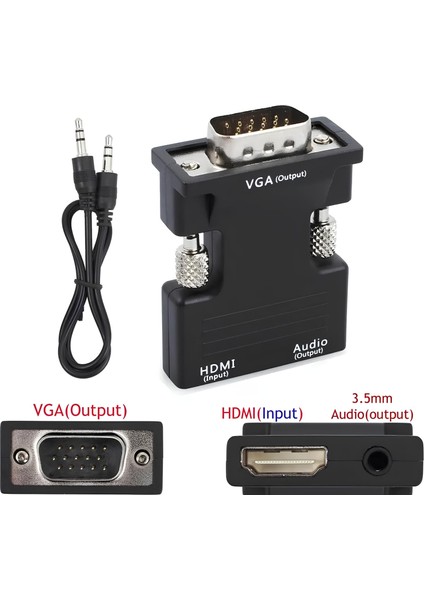 HDMI to VGA Dönüştürücü Adaptör – Ses Çıkışlı, 1080p Destekli, Kablo Hediyeli, Siyah
