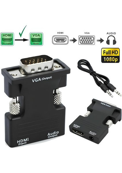 HDMI to VGA Dönüştürücü Adaptör – Ses Çıkışlı, 1080p Destekli, Kablo Hediyeli, Siyah
