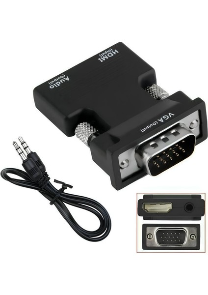 HDMI to VGA Dönüştürücü Adaptör – Ses Çıkışlı, 1080p Destekli, Kablo Hediyeli, Siyah