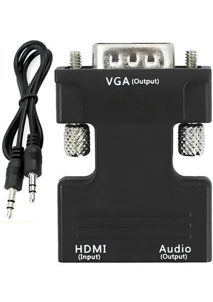 HDMI to VGA Dönüştürücü Adaptör – Ses Çıkışlı, 1080p Destekli, Kablo Hediyeli, Siyah