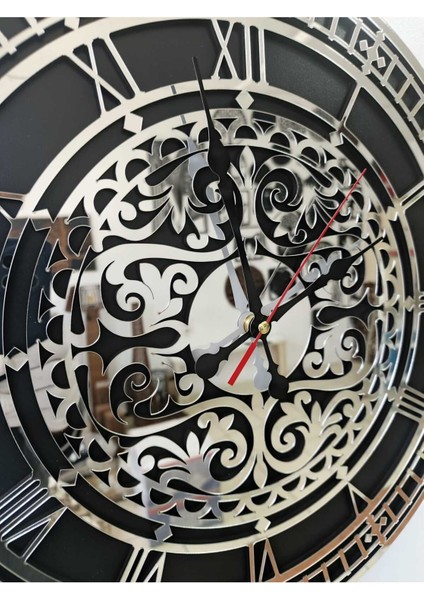 Gümüş Ayna Pleksi Çift Katlı 45 cm Sessiz Duvar Saati | Şık ve Modern Tasarım