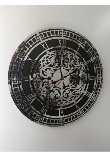 Gümüş Ayna Pleksi Çift Katlı 45 cm Sessiz Duvar Saati | Şık ve Modern Tasarım