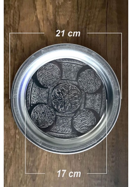 21 cm - Otantik Desenli Krom Çelik Meze ve Servis Tabağı