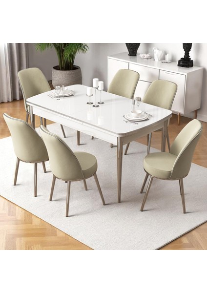 Nira Serisi 70X114 Mdf Açılabilir Beyaz Masa Takımı 6 Krem Sandalye Krom Detay