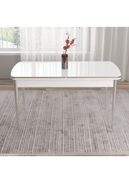 Nira Serisi 70X114 Mdf Açılabilir Beyaz Masa Takımı 6 Krem Sandalye Krom Detay fiyatları