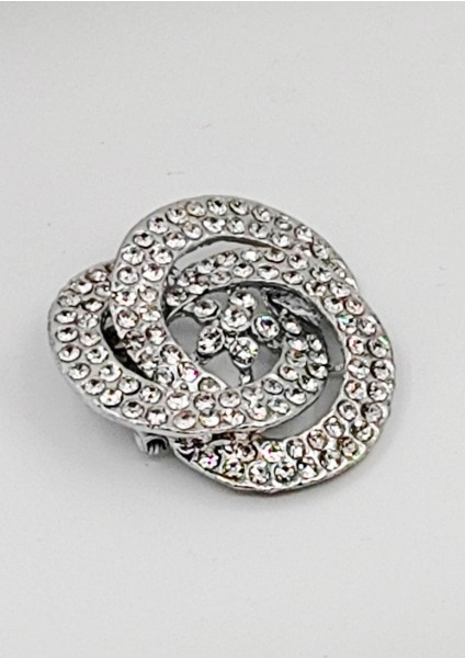 Zirkon Taşlı Gümüş Renkli Metal Broş – Spiral Desenli