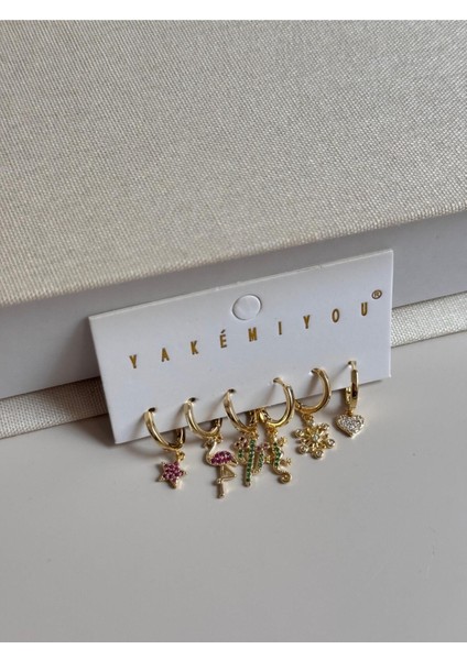 Altın Renk 6'lı Yaz Temalı Charm Küpe Seti – Flamingo, Kaktüs, Kalp Figürlü