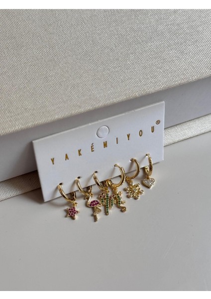 Altın Renk 6'lı Yaz Temalı Charm Küpe Seti – Flamingo, Kaktüs, Kalp Figürlü