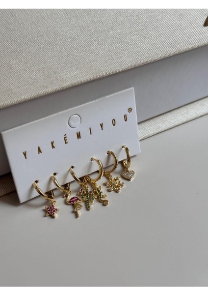 Altın Renk 6'lı Yaz Temalı Charm Küpe Seti – Flamingo, Kaktüs, Kalp Figürlü