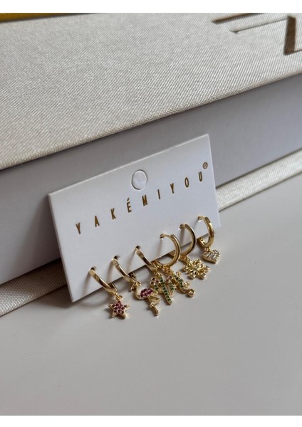 Altın Renk 6'lı Yaz Temalı Charm Küpe Seti – Flamingo, Kaktüs, Kalp Figürlü