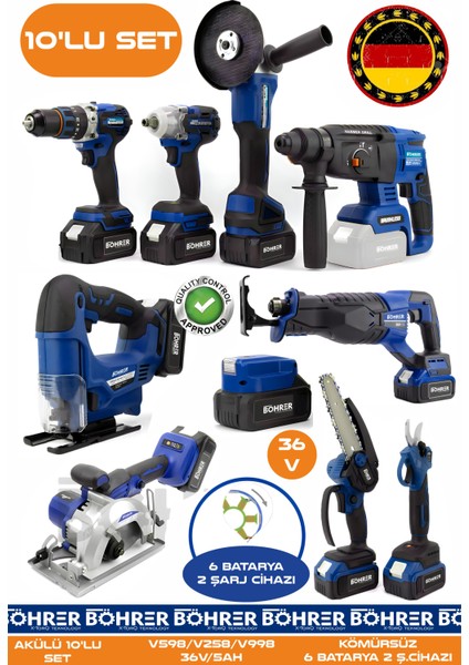 Alman 10 Makine Kombo Set BA01082M 6 Akülü 2 Şarjlı Kömürsüz V598 5AH Profesyonel - Blue Mavi
