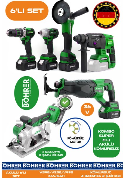 Alman BA01086Y 4 Akülü 2 Şarjlı Kömürsüz V598 5AH Profesyonel 6 Makine Kombo Set - Yeşil Green