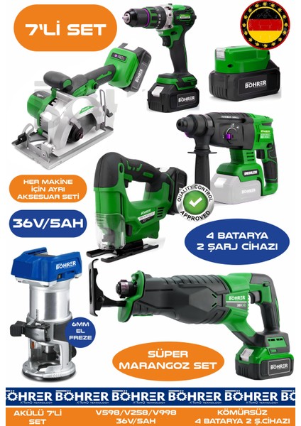 Alman BA01090Y 4 Akülü 2 Şarjlı Kömürsüz V598 5AH Profesyonel 7 Makine Kombo Set