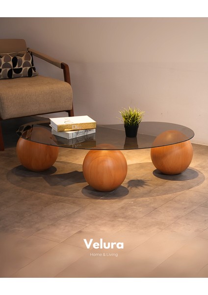 Modern Orta Sehpa & Top Sehpa Cam Sehpa & Küre Orta Sehpa - Meşe Top - Fasulye - Füme Cam