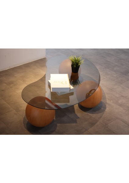 Modern Orta Sehpa & Top Sehpa Cam Sehpa & Küre Orta Sehpa - Meşe Top - Fasulye - Füme Cam