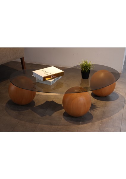 Modern Orta Sehpa & Top Sehpa Cam Sehpa & Küre Orta Sehpa - Meşe Top - Fasulye - Füme Cam