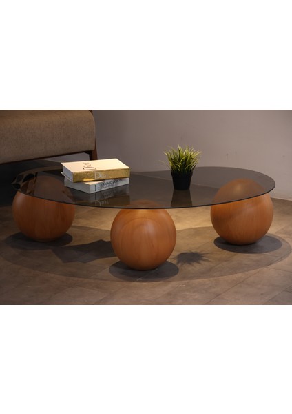 Modern Orta Sehpa & Top Sehpa Cam Sehpa & Küre Orta Sehpa - Meşe Top - Fasulye - Füme Cam